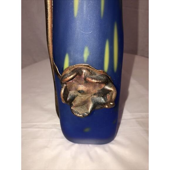 Handmade Blown Glass Vase Engraved with Metal Blue yellow Art Nouveau Style - Picture 8 of 11